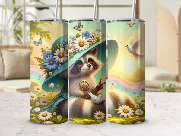 Peace Raccoon 20oz Skinny Tumbler Wrap, Floral Hat Peace Sign, Butterfly Dove Rainbow, Cute Animal Tumbler Design, Sublimation Image - Image 2