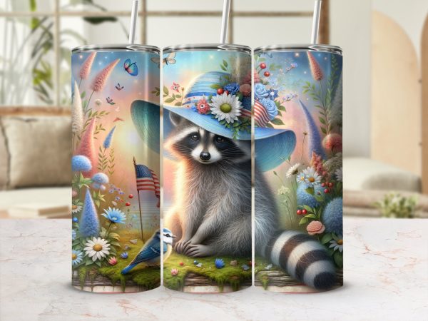 Patriotic Raccoon 20oz Skinny Tumbler Wrap, American Flag Flowers Floral Hat Animal Drinkware Design, Cute USA Fourth July Tumbler - Image 2