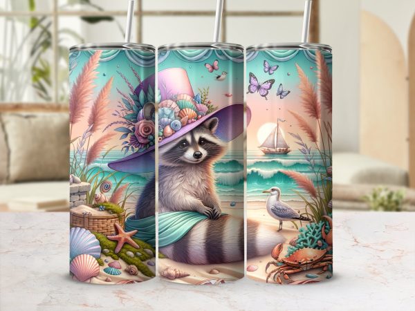 Beach Raccoon Art, 20oz Skinny Tumbler Wrap, Sea Shells, Summer Vibes, Butterflies, Coastal Decor, Seamless Tumbler Design - Image 2