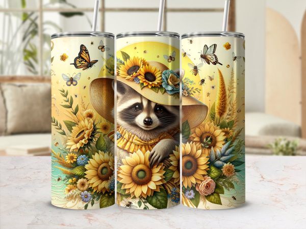 Sunflower Raccoon Tumbler Wrap, 20oz Skinny Tumbler Design, Floral Wrap, Cute Animal, Digital Download, Sublimation, Hat Raccoon Art - Image 2