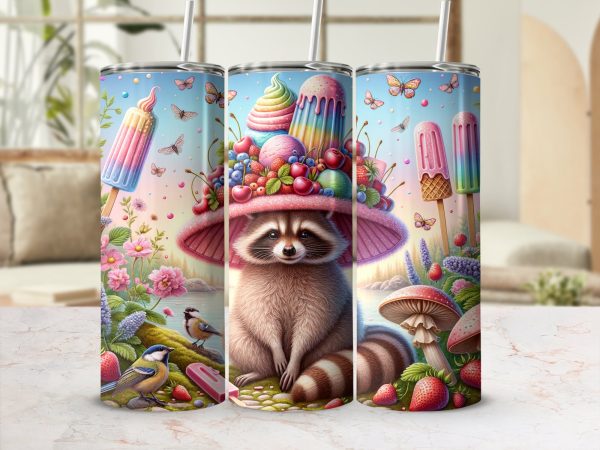 Raccoon with Ice Cream Hat 20oz Skinny Tumbler Wrap, Cute Animal, Summer, Whimsical Design, Vibrant Colors, Unique Gift Idea - Image 2