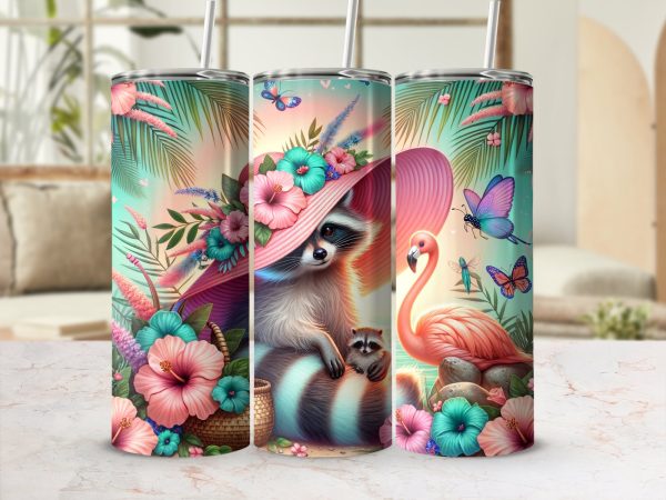 Raccoon Flamingo 20oz Skinny Tumbler Wrap, Floral Hat Animal Design, Summer Butterfly Gift, Vibrant Colorful Drinkware, Beachy Vibes - Image 2