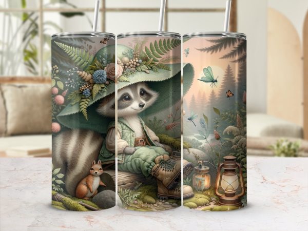 Hiking Camping Raccoon Tumbler Wrap, Cute Animal Design, Floral Hat, 20oz Skinny Tumbler, Nature Scene, Woodland Creature, Gift Idea - Image 2