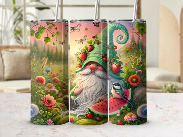 Garden Gnome 20oz Sublimation Skinny Tumbler Wrap, Cute Bird, Strawberry, Watermelon, Floral Design, DIY, Summer, Unique Gift Idea - Image 2