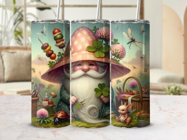 Gnome Picnic 20oz Sublimation Skinny Tumbler Wrap, Cute Fairy, Lucky Clover, Ladybug Design, Insect Lover Gift, Whimsical Drinkware - Image 2