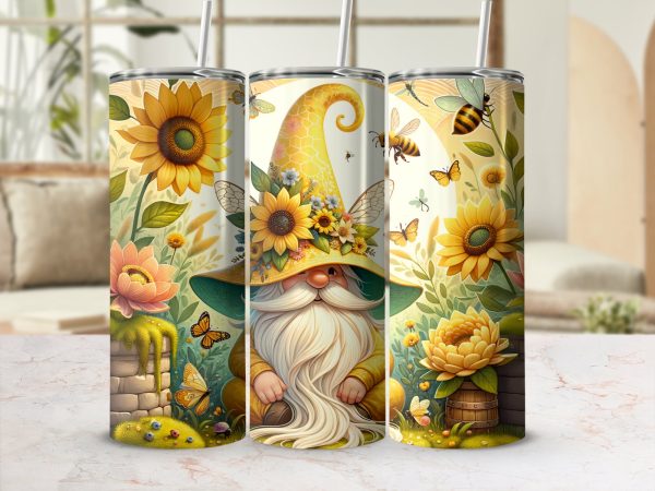 Sunflower Gnome 20oz Sublimation Skinny Tumbler Wrap Design, Bumble Bee Garden, Floral Tumbler, Printable Tumbler Design, Cute Gnome Design - Image 2