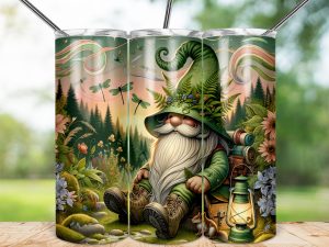 Forest Gnome Tumbler Wrap, 20oz Skinny Sublimation Design, Nature Art, Cute Fantasy, Dragonflies, Outdoor Adventure