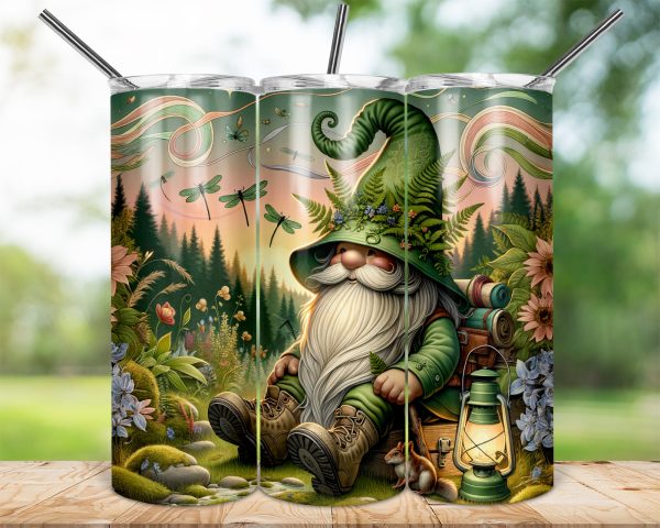 Forest Gnome Tumbler Wrap, 20oz Skinny Sublimation Design, Nature Art, Cute Fantasy, Dragonflies, Outdoor Adventure