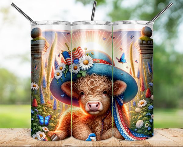Patriotic Highland Cow 20oz Skinny Sublimation Tumbler Wrap, Floral Tumbler Design, Cow Tumbler, Cow with Hat, Cow Lover Gift