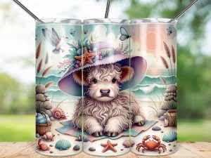 Highland Cow Tumbler Wrap, Beach, Summer, 20oz Skinny Sublimation Design, Butterflies, Seagull, Cute Animal, Coastal, Digital Download