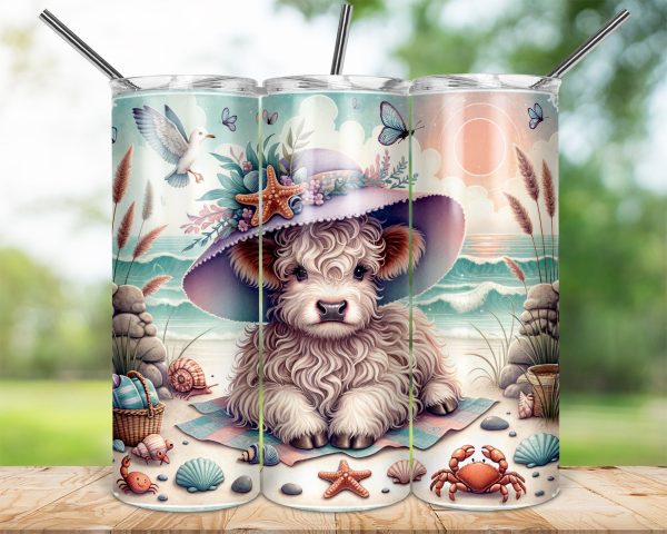 Highland Cow Tumbler Wrap, Beach, Summer, 20oz Skinny Sublimation Design, Butterflies, Seagull, Cute Animal, Coastal, Digital Download