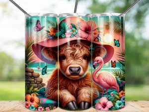 Floral Highland Cow 20oz Skinny Sublimation Tumbler Wrap, Flamingo, Butterfly, Beach, Tropical Flowers Tumbler Design, Digital Download