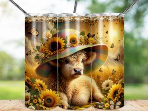 Highland Cow, Floral Hat, Butterfly Design 20oz Skinny Sublimation Tumbler Wrap, Cute Animal Lover Gift, Summer Vibes, Farmhouse Decor