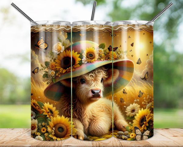 Highland Cow, Floral Hat, Butterfly Design 20oz Skinny Sublimation Tumbler Wrap, Cute Animal Lover Gift, Summer Vibes, Farmhouse Decor