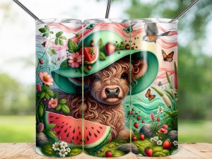 Highland Cow 20oz Skinny Sublimation Tumbler Wrap, Hat, Watermelon, Strawberries, Cute Calf, Summer Design, Farm Animal, Flowers, Bird