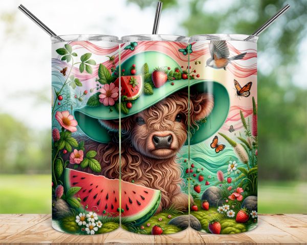 Highland Cow 20oz Skinny Sublimation Tumbler Wrap, Hat, Watermelon, Strawberries, Cute Calf, Summer Design, Farm Animal, Flowers, Bird