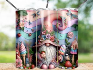 Strawberry Gnome 20oz Sublimation Skinny Tumbler Wrap, Floral Hat, Ice Cream Design, Pastel Background, Cute Drinkware, Digital Download