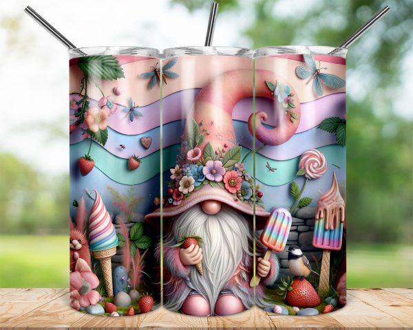 Strawberry Gnome 20oz Sublimation Skinny Tumbler Wrap, Floral Hat, Ice Cream Design, Pastel Background, Cute Drinkware, Digital Download