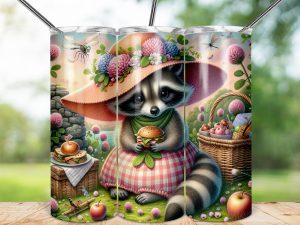Picnic Raccoon 20oz Skinny Tumbler Wrap, Cute Animal, Floral Hat, Sublimation Design, Drinkware, Unique Gift Idea, Digital Download