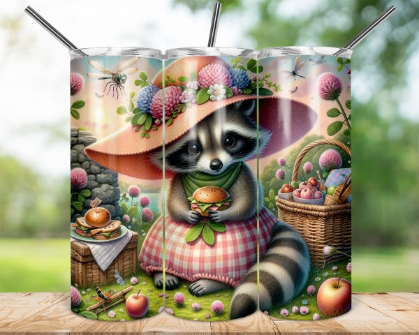 Picnic Raccoon 20oz Skinny Tumbler Wrap, Cute Animal, Floral Hat, Sublimation Design, Drinkware, Unique Gift Idea, Digital Download