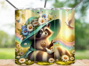 Peace Raccoon 20oz Skinny Tumbler Wrap, Floral Hat Peace Sign, Butterfly Dove Rainbow, Cute Animal Tumbler Design, Sublimation Image