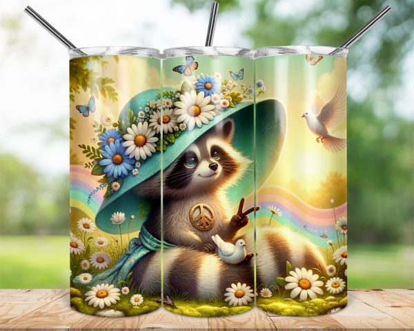 Peace Raccoon 20oz Skinny Tumbler Wrap, Floral Hat Peace Sign, Butterfly Dove Rainbow, Cute Animal Tumbler Design, Sublimation Image
