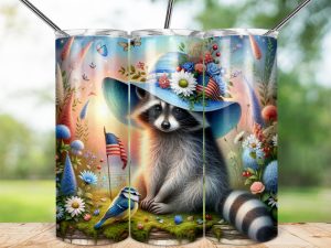Patriotic Raccoon 20oz Skinny Tumbler Wrap, American Flag Flowers Floral Hat Animal Drinkware Design, Cute USA Fourth July Tumbler