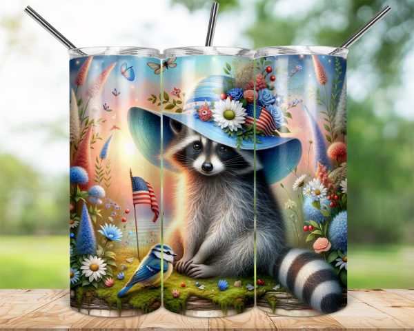 Patriotic Raccoon 20oz Skinny Tumbler Wrap, American Flag Flowers Floral Hat Animal Drinkware Design, Cute USA Fourth July Tumbler