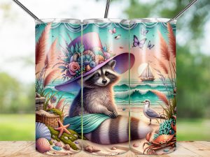 Beach Raccoon Art, 20oz Skinny Tumbler Wrap, Sea Shells, Summer Vibes, Butterflies, Coastal Decor, Seamless Tumbler Design