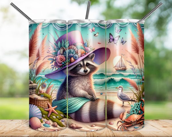 Beach Raccoon Art, 20oz Skinny Tumbler Wrap, Sea Shells, Summer Vibes, Butterflies, Coastal Decor, Seamless Tumbler Design