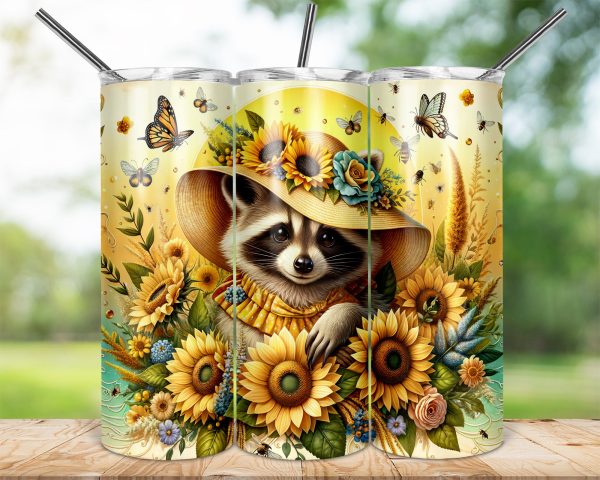 Sunflower Raccoon Tumbler Wrap, 20oz Skinny Tumbler Design, Floral Wrap, Cute Animal, Digital Download, Sublimation, Hat Raccoon Art