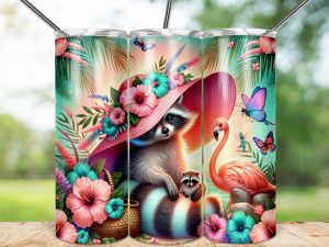 Raccoon Flamingo 20oz Skinny Tumbler Wrap, Floral Hat Animal Design, Summer Butterfly Gift, Vibrant Colorful Drinkware, Beachy Vibes