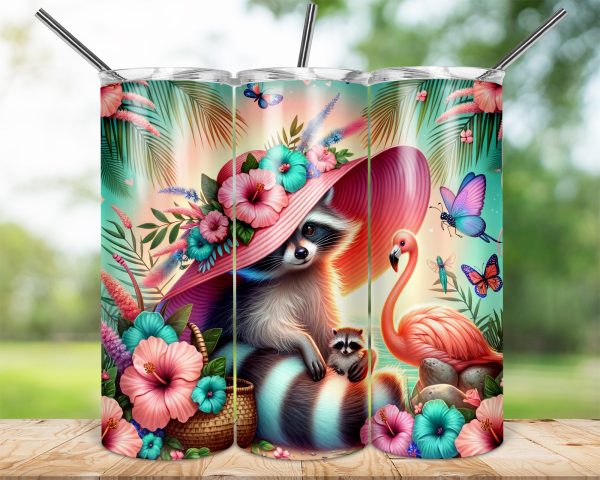 Raccoon Flamingo 20oz Skinny Tumbler Wrap, Floral Hat Animal Design, Summer Butterfly Gift, Vibrant Colorful Drinkware, Beachy Vibes