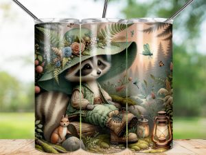 Hiking Camping Raccoon Tumbler Wrap, Cute Animal Design, Floral Hat, 20oz Skinny Tumbler, Nature Scene, Woodland Creature, Gift Idea