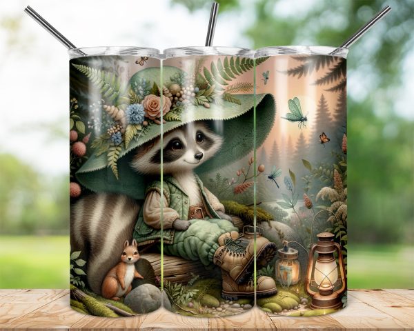 Hiking Camping Raccoon Tumbler Wrap, Cute Animal Design, Floral Hat, 20oz Skinny Tumbler, Nature Scene, Woodland Creature, Gift Idea
