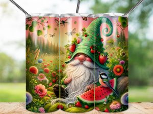 Garden Gnome 20oz Sublimation Skinny Tumbler Wrap, Cute Bird, Strawberry, Watermelon, Floral Design, DIY, Summer, Unique Gift Idea