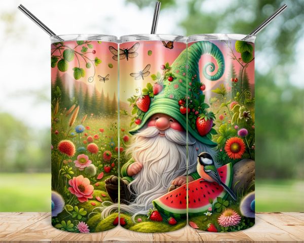 Garden Gnome 20oz Sublimation Skinny Tumbler Wrap, Cute Bird, Strawberry, Watermelon, Floral Design, DIY, Summer, Unique Gift Idea