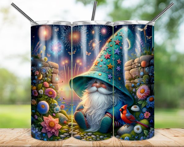 Whimsical Wizard 20oz Skinny Tumbler Wrap, Fireworks, Garden, Gnome, Sublimation Design, Fantasy Tumbler, Gift Idea, Tumbler Art