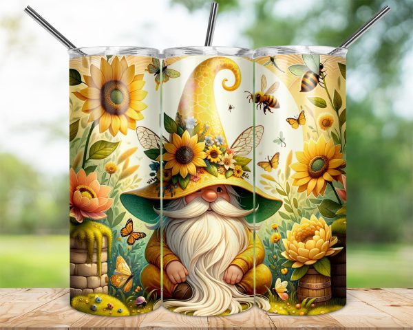 Sunflower Gnome 20oz Sublimation Skinny Tumbler Wrap Design, Bumble Bee Garden, Floral Tumbler, Printable Tumbler Design, Cute Gnome Design
