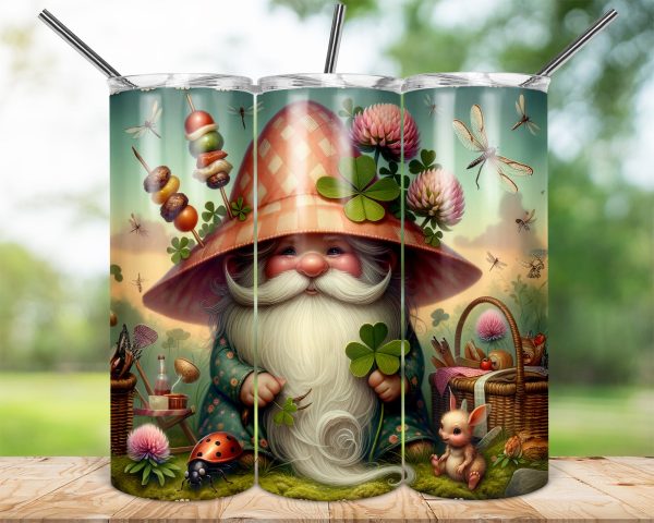 Gnome Picnic 20oz Sublimation Skinny Tumbler Wrap, Cute Fairy, Lucky Clover, Ladybug Design, Insect Lover Gift, Whimsical Drinkware