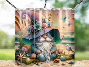 Beach Gnome 20oz Sublimation Skinny Tumbler Wrap, Ocean, Seashell, Butterfly Design, Summer Theme, Gift for Gnome Lovers, Drinkware