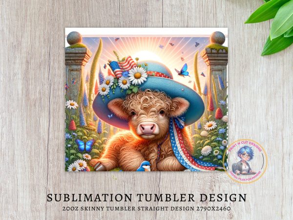 Patriotic Highland Cow 20oz Skinny Sublimation Tumbler Wrap, Floral Tumbler Design, Cow Tumbler, Cow with Hat, Cow Lover Gift - Image 3