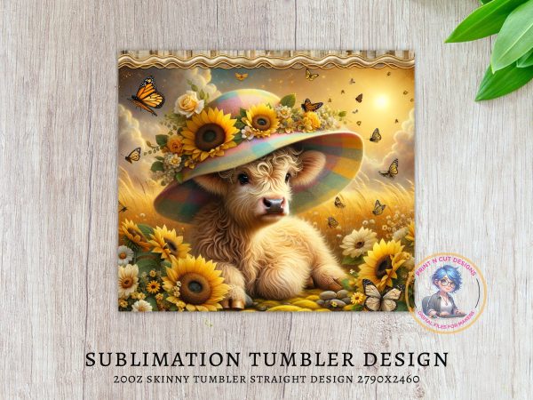 Highland Cow, Floral Hat, Butterfly Design 20oz Skinny Sublimation Tumbler Wrap, Cute Animal Lover Gift, Summer Vibes, Farmhouse Decor - Image 3