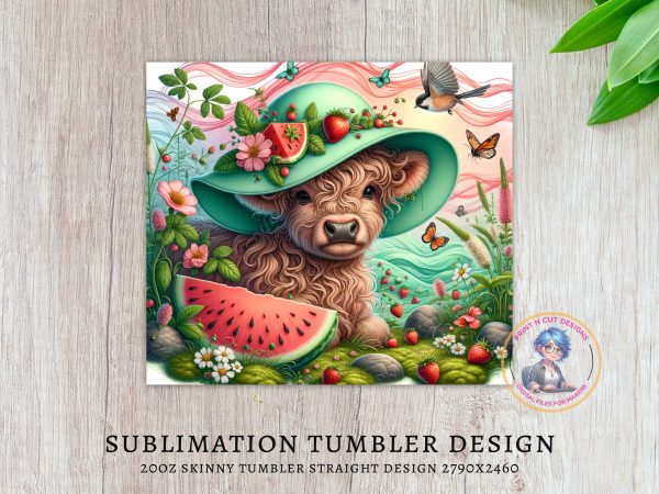 Highland Cow 20oz Skinny Sublimation Tumbler Wrap, Hat, Watermelon, Strawberries, Cute Calf, Summer Design, Farm Animal, Flowers, Bird - Image 3