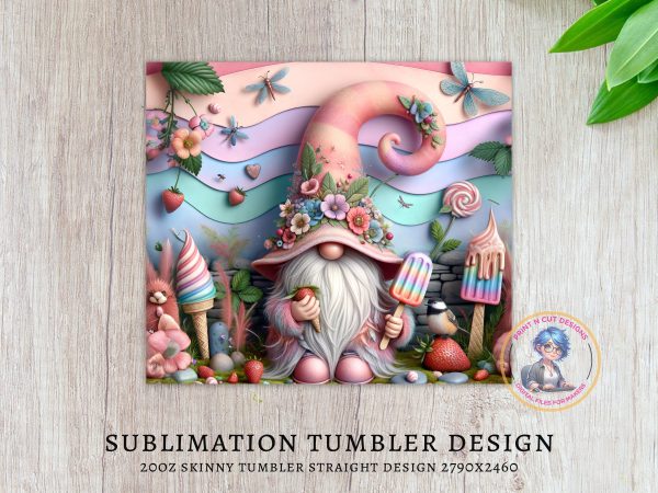 Strawberry Gnome 20oz Sublimation Skinny Tumbler Wrap, Floral Hat, Ice Cream Design, Pastel Background, Cute Drinkware, Digital Download - Image 3