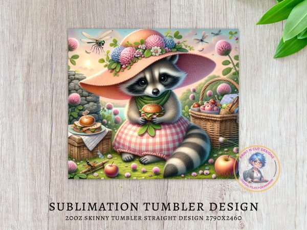 Picnic Raccoon 20oz Skinny Tumbler Wrap, Cute Animal, Floral Hat, Sublimation Design, Drinkware, Unique Gift Idea, Digital Download - Image 3