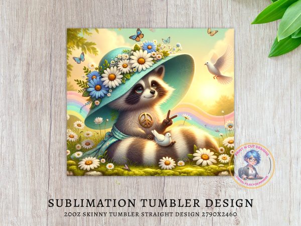 Peace Raccoon 20oz Skinny Tumbler Wrap, Floral Hat Peace Sign, Butterfly Dove Rainbow, Cute Animal Tumbler Design, Sublimation Image - Image 3