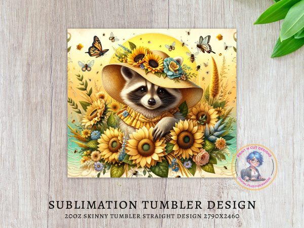 Sunflower Raccoon Tumbler Wrap, 20oz Skinny Tumbler Design, Floral Wrap, Cute Animal, Digital Download, Sublimation, Hat Raccoon Art - Image 3