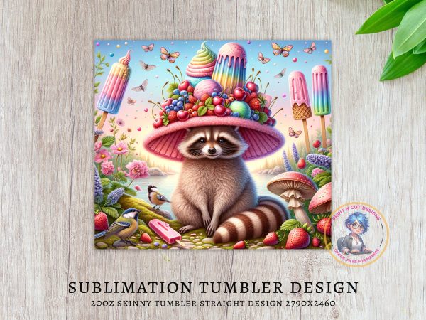 Raccoon with Ice Cream Hat 20oz Skinny Tumbler Wrap, Cute Animal, Summer, Whimsical Design, Vibrant Colors, Unique Gift Idea - Image 3