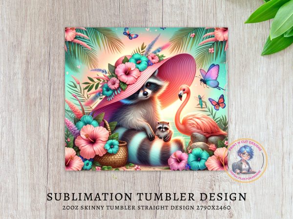 Raccoon Flamingo 20oz Skinny Tumbler Wrap, Floral Hat Animal Design, Summer Butterfly Gift, Vibrant Colorful Drinkware, Beachy Vibes - Image 3